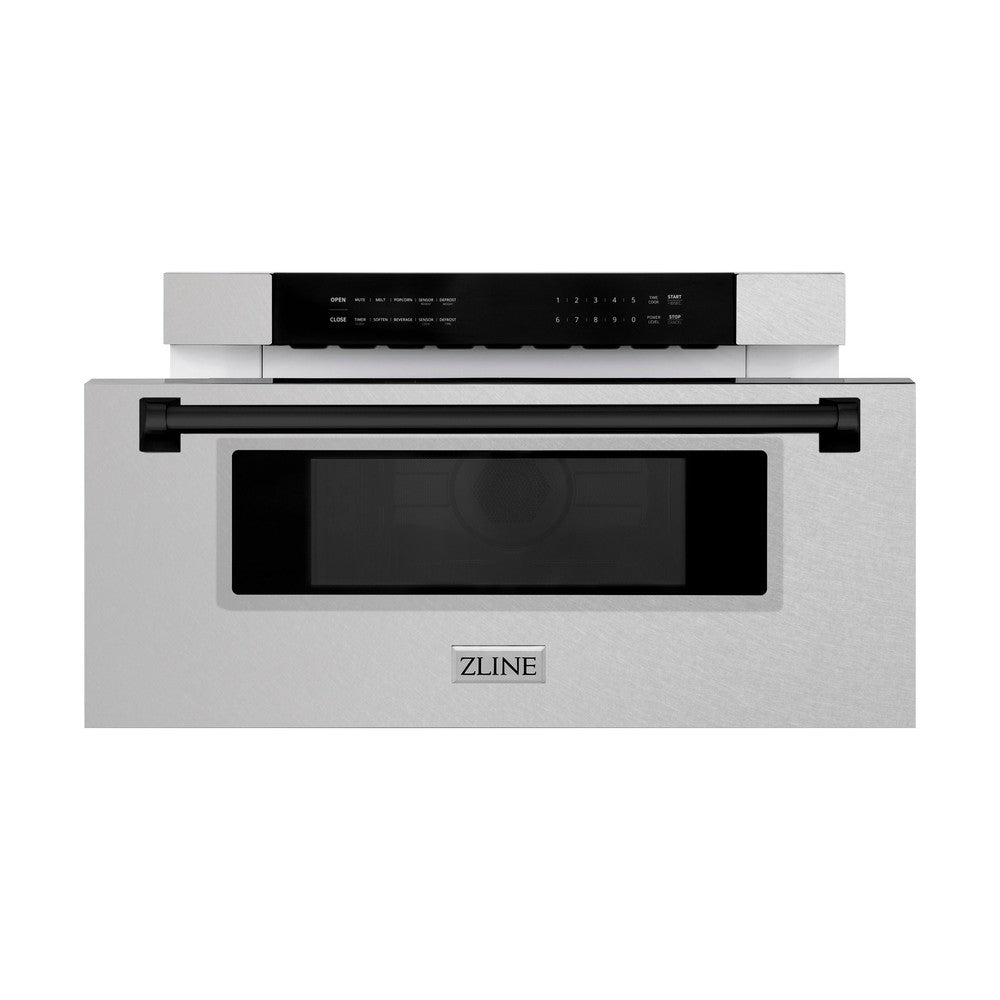 ZLINE Autograph Edition 30 in. 1.2 cu. ft. Built-In Microwave Drawer in Fingerprint Resistant Stainless Steel with Matte Black Accents (MWDZ-30-SS-MB) front, open.