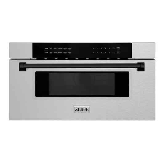 ZLINE Autograph Edition 30 in. 1.2 cu. ft. Built-In Microwave Drawer in Fingerprint Resistant Stainless Steel with Matte Black Accents (MWDZ-30-SS-MB) front, closed.