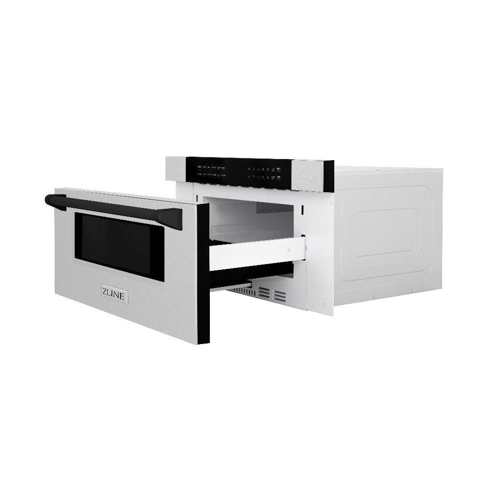 ZLINE Autograph Edition 30 in. 1.2 cu. ft. Built-In Microwave Drawer in Fingerprint Resistant Stainless Steel with Matte Black Accents (MWDZ-30-SS-MB) side, open.