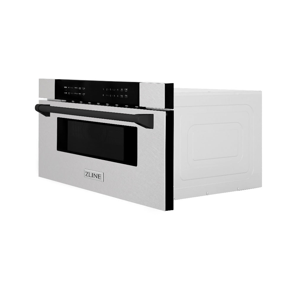 ZLINE Autograph Edition 30 in. 1.2 cu. ft. Built-In Microwave Drawer in Fingerprint Resistant Stainless Steel with Matte Black Accents (MWDZ-30-SS-MB) side, closed.