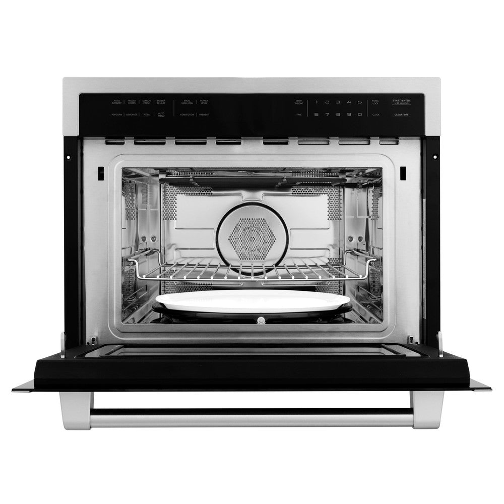 ZLINE Stainless Steel 24 in. Built-in Convection Microwave Oven and 30 in. Single Wall Oven with Self Clean (2KP-MW24-AWS30) front, open.