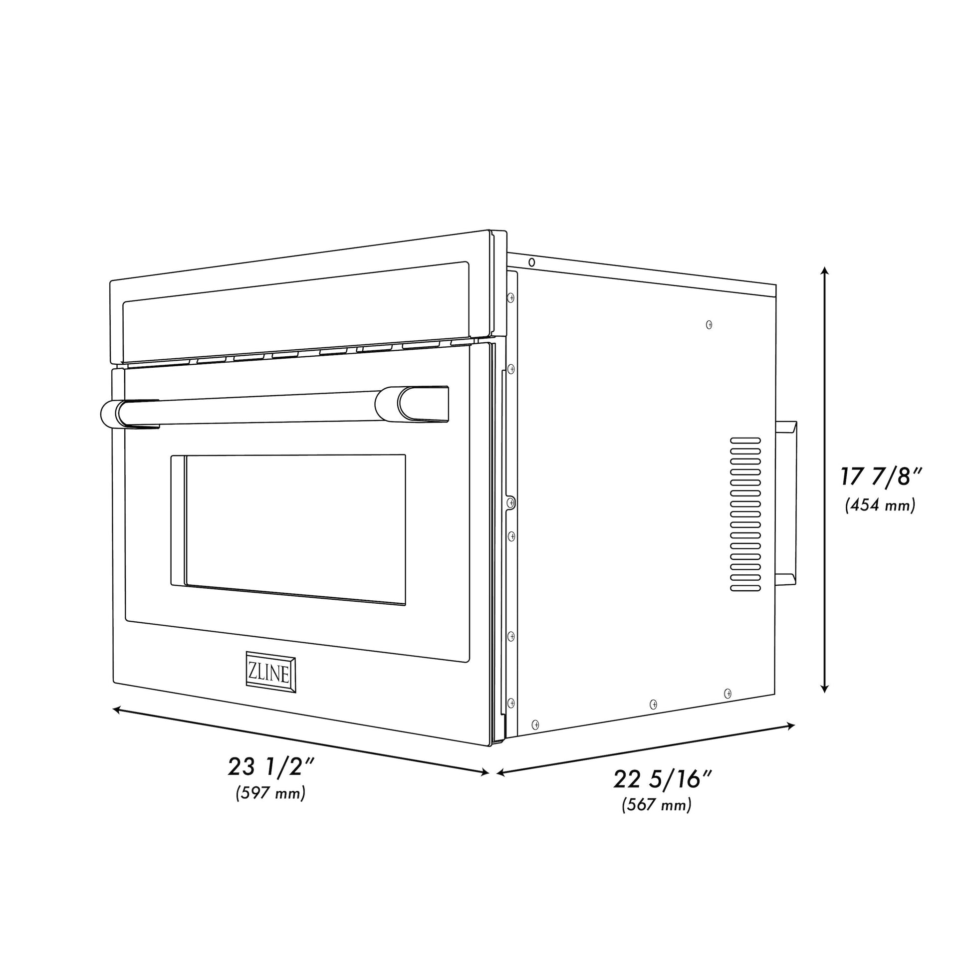 ZLINE 24 in. Black Stainless Steel Built-in Convection Microwave Oven with Speed and Sensor Cooking (MWO-24-BS) dimensional diagram with measurements.