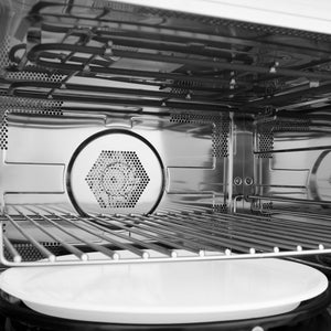 ZLINE Autograph Edition 30 in. 1.6 cu ft. Built-in Convection Microwave Oven in Stainless Steel with Matte Black Accents (MWOZ-30-MB) close-up, stainless steel interior and convection fan.