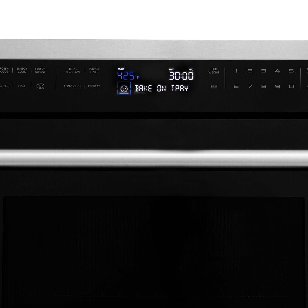 ZLINE 30 in. 1.6 cu ft. Stainless Steel Built-in Convection Microwave Oven (MWO-30) close-up, time and temperature setting.