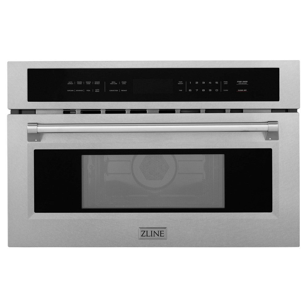 ZLINE 30 in. 1.6 cu ft. Built-in Convection Microwave Oven in Fingerprint Resistant Stainless Steel (MWO-30-SS) front, closed.