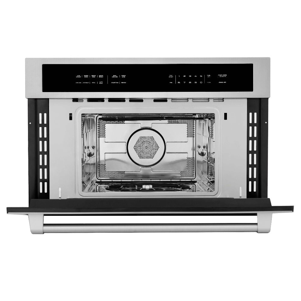 ZLINE 30 in. 1.6 cu ft. Stainless Steel Built-in Convection Microwave Oven (MWO-30) front, open.