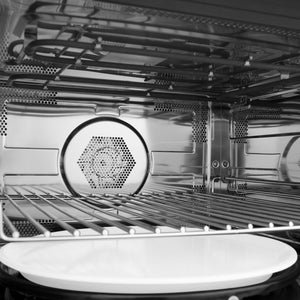 ZLINE Autograph Edition 24 in. 1.6 cu ft. Built-in Convection Microwave Oven in Black Stainless Steel with Champagne Bronze Accents (MWOZ-24-BS-CB) close-up, stainless steel interior and convection fan.