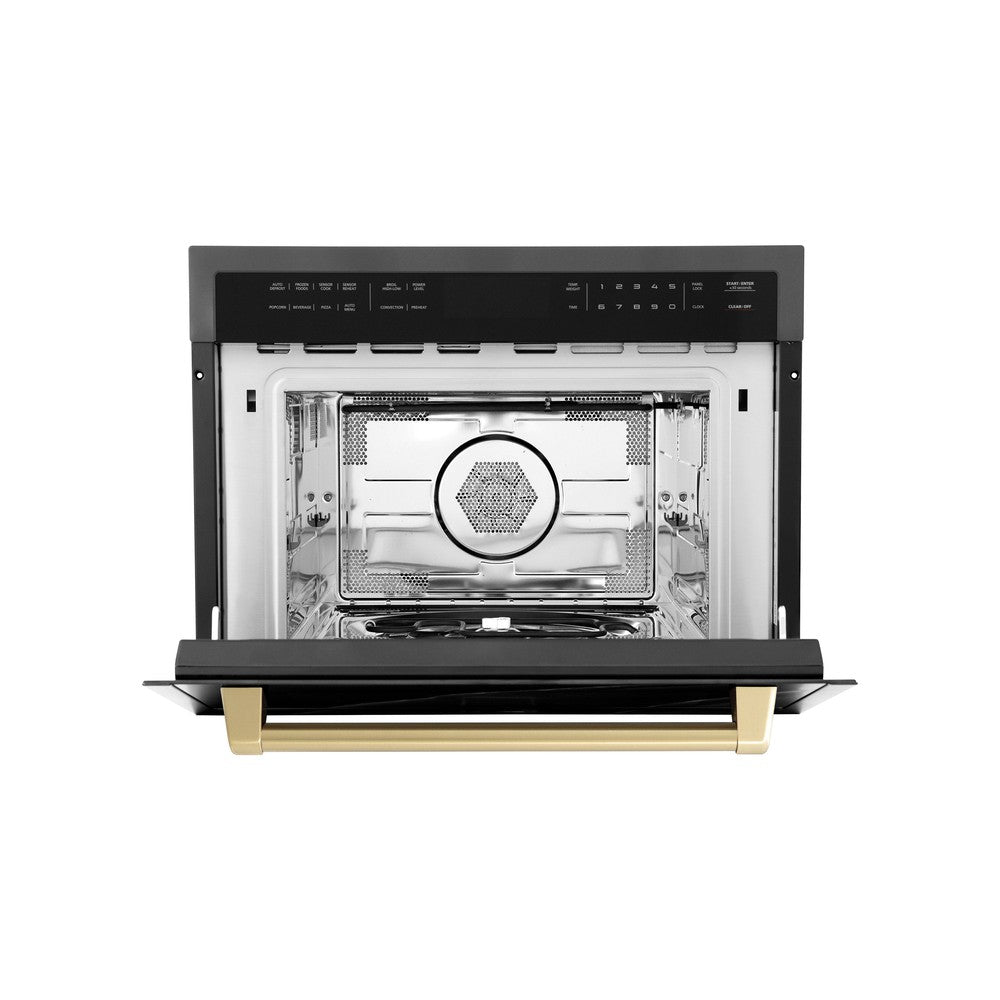 ZLINE Autograph Edition 24 in. 1.6 cu ft. Built-in Convection Microwave Oven in Black Stainless Steel with Champagne Bronze Accents (MWOZ-24-BS-CB) Front View Door open