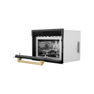 ZLINE Autograph Edition 24 in. 1.6 cu ft. Built-in Convection Microwave Oven in Black Stainless Steel with Champagne Bronze Accents (MWOZ-24-BS-CB) side, open.