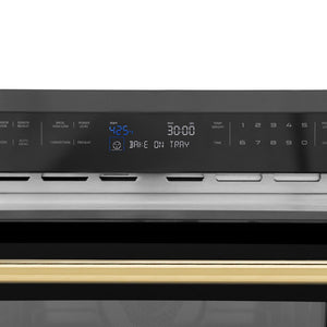 ZLINE Autograph Edition 24 in. 1.6 cu ft. Built-in Convection Microwave Oven in Black Stainless Steel with Polished Gold Accents (MWOZ-24-BS-G) close-up, handle and display.