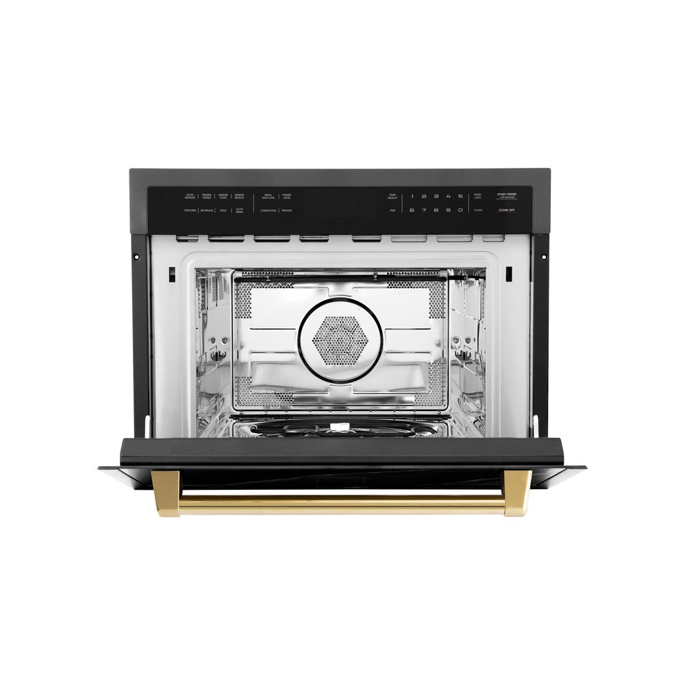 ZLINE Autograph Edition 24 in. 1.6 cu ft. Built-in Convection Microwave Oven in Black Stainless Steel with Polished Gold Accents (MWOZ-24-BS-G) front, open.