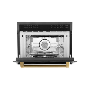 ZLINE Autograph Edition 24 in. 1.6 cu ft. Built-in Convection Microwave Oven in Black Stainless Steel with Polished Gold Accents (MWOZ-24-BS-G) front, open.