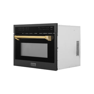 ZLINE Autograph Edition 24 in. 1.6 cu ft. Built-in Convection Microwave Oven in Black Stainless Steel with Polished Gold Accents (MWOZ-24-BS-G) side, closed.