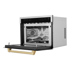 ZLINE Autograph Edition 24 in. 1.6 cu ft. Built-in Convection Microwave Oven in Stainless Steel with Champagne Bronze Accents (MWOZ-24-CB) side, open.