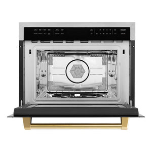 ZLINE Autograph Edition 24 in. 1.6 cu ft. Built-in Convection Microwave Oven in Stainless Steel with Polished Gold Accents (MWOZ-24-G) front, open.