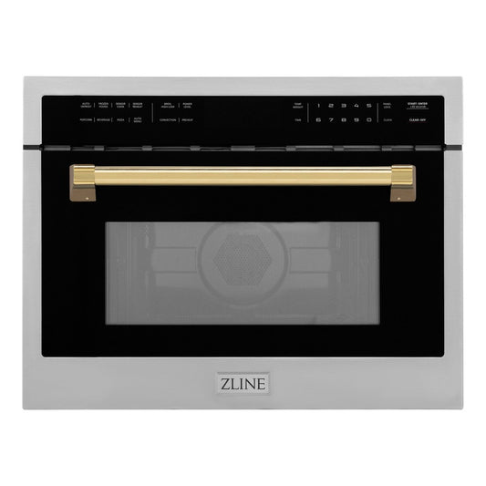 ZLINE Autograph Edition 24 in. 1.6 cu ft. Built-in Convection Microwave Oven in Stainless Steel with Polished Gold Accents (MWOZ-24-G) front.