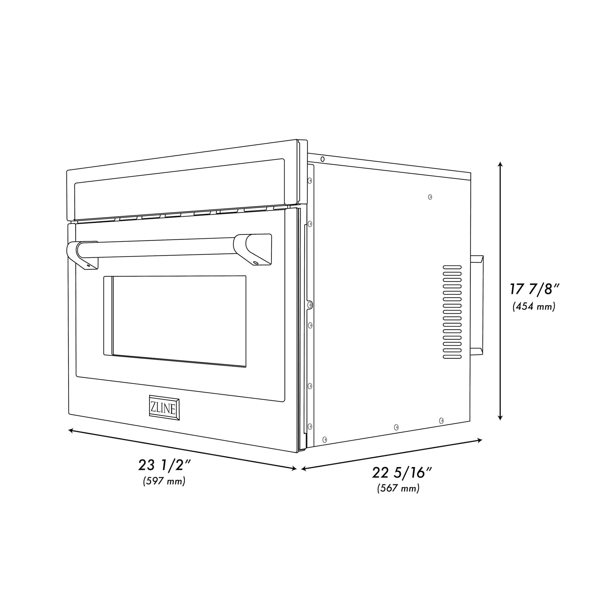 ZLINE Autograph Edition 24 in. 1.6 cu ft. Built-in Convection Microwave Oven in Stainless Steel with Matte Black Accents (MWOZ-24-MB) dimensional diagram with measurements.