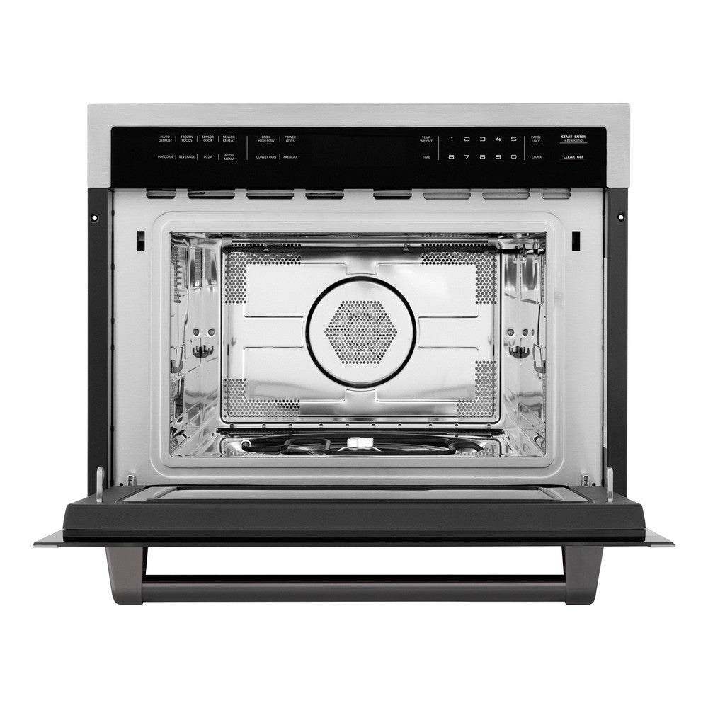 ZLINE Autograph Edition 24 in. 1.6 cu ft. Built-in Convection Microwave Oven in Stainless Steel with Matte Black Accents (MWOZ-24-MB) front, open.