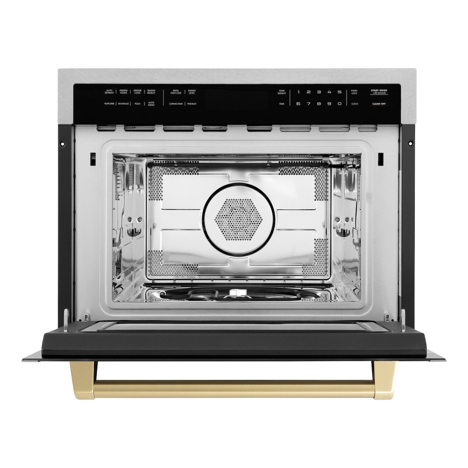 ZLINE Autograph Edition 24 in. 1.6 cu ft. Built-in Convection Microwave Oven in Fingerprint Resistant Stainless Steel with Champagne Bronze Accents (MWOZ-24-SS-CB) front, open.