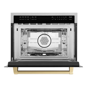 ZLINE Autograph Edition 24 in. 1.6 cu ft. Built-in Convection Microwave Oven in Fingerprint Resistant Stainless Steel with Champagne Bronze Accents (MWOZ-24-SS-CB) front, open.