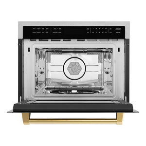 ZLINE Autograph Edition 24 in. 1.6 cu ft. Built-in Convection Microwave Oven in Fingerprint Resistant Stainless Steel with Polished Gold Accents (MWOZ-24-SS-G) front, open.