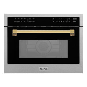 ZLINE Autograph Edition 24 in. 1.6 cu ft. Built-in Convection Microwave Oven in Fingerprint Resistant Stainless Steel with Polished Gold Accents (MWOZ-24-SS-G) front.