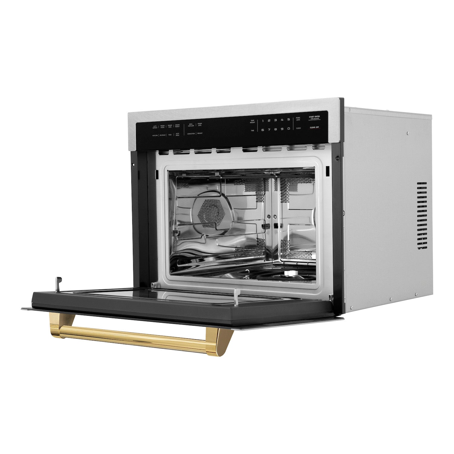 ZLINE Autograph Edition 24 in. 1.6 cu ft. Built-in Convection Microwave Oven in Fingerprint Resistant Stainless Steel with Polished Gold Accents (MWOZ-24-SS-G) side, open.