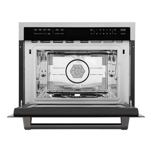 ZLINE Autograph Edition 24 in. 1.6 cu ft. Built-in Convection Microwave Oven in Fingerprint Resistant Stainless Steel with Matte Black Accents (MWOZ-24-SS-MB) front, open.