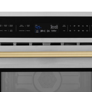 ZLINE Autograph Edition 30 in. 1.6 cu ft. Built-in Convection Microwave Oven in Stainless Steel with Champagne Bronze Accents (MWOZ-30-CB) close-up, LCD display and timer.
