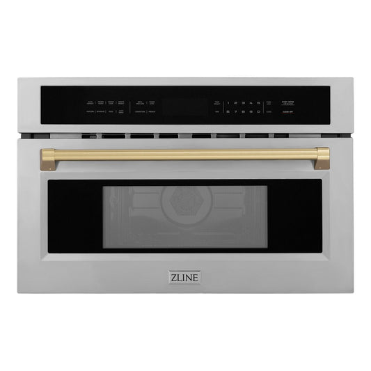 ZLINE Autograph Edition 30 in. 1.6 cu ft. Built-in Convection Microwave Oven in Stainless Steel with Champagne Bronze Accents (MWOZ-30-CB) front.