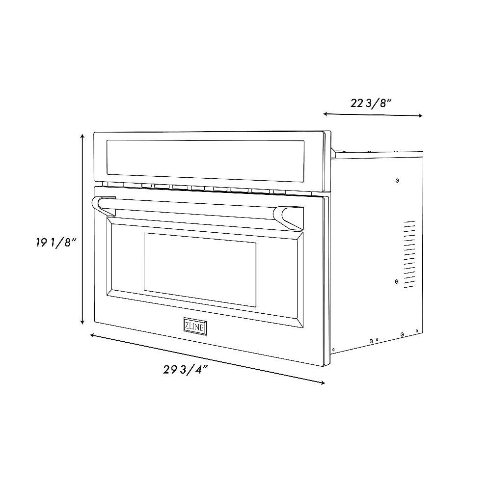 ZLINE Autograph Edition 30 in. 1.6 cu ft. Built-in Convection Microwave Oven in Fingerprint Resistant Stainless Steel with Polished Gold Accents (MWOZ-30-SS-G) dimensional diagram with measurements.