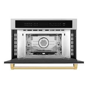 ZLINE Autograph Edition 30 in. 1.6 cu ft. Built-in Convection Microwave Oven in Stainless Steel with Polished Gold Accents (MWOZ-30-G) front, open.