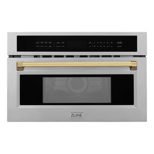 ZLINE Autograph Edition 30 in. 1.6 cu ft. Built-in Convection Microwave Oven in Stainless Steel with Polished Gold Accents (MWOZ-30-G) front.