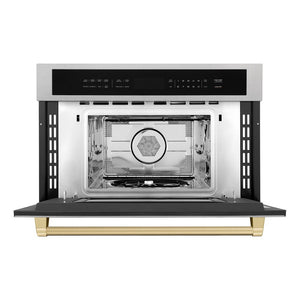 ZLINE Autograph Edition 30 in. 1.6 cu ft. Built-in Convection Microwave Oven in Satin Stainless Steel and Champagne Bronze Accents (MWOZ-30-SS-CB) front, open.