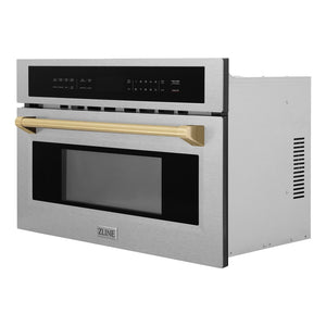ZLINE Autograph Edition 30 in. 1.6 cu ft. Built-in Convection Microwave Oven in Fingerprint Resistant Satin Stainless Steel with Champagne Bronze Accents (MWOZ-30-SS-CB) Side View Door Closed