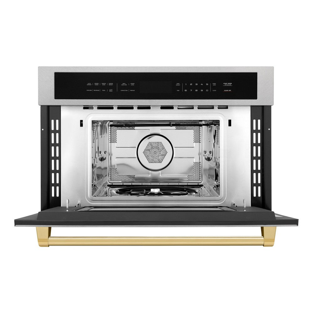 ZLINE Autograph Edition 30 in. 1.6 cu ft. Built-in Convection Microwave Oven in Fingerprint Resistant Stainless Steel with Polished Gold Accents (MWOZ-30-SS-G) front, open.