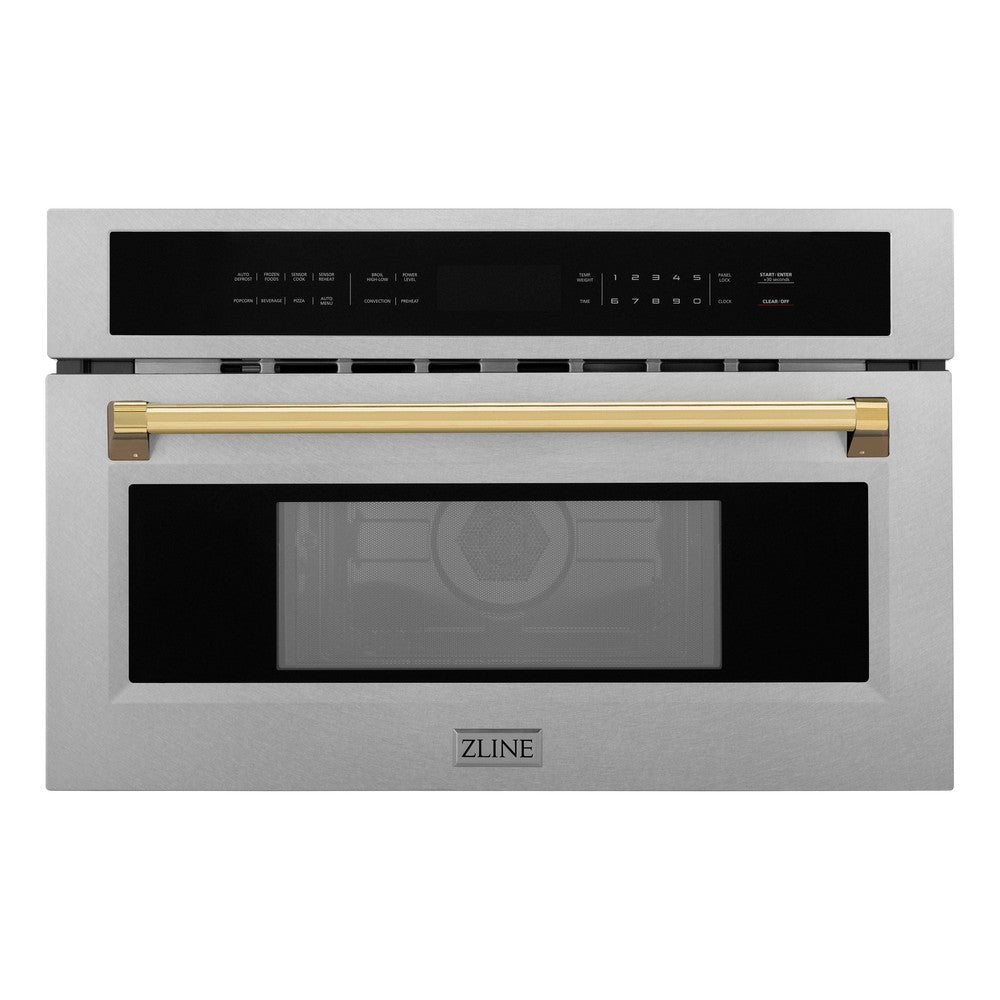 ZLINE Autograph Edition 30 in. 1.6 cu ft. Built-in Convection Microwave Oven in Fingerprint Resistant Stainless Steel with Polished Gold Accents (MWOZ-30-SS-G) front.