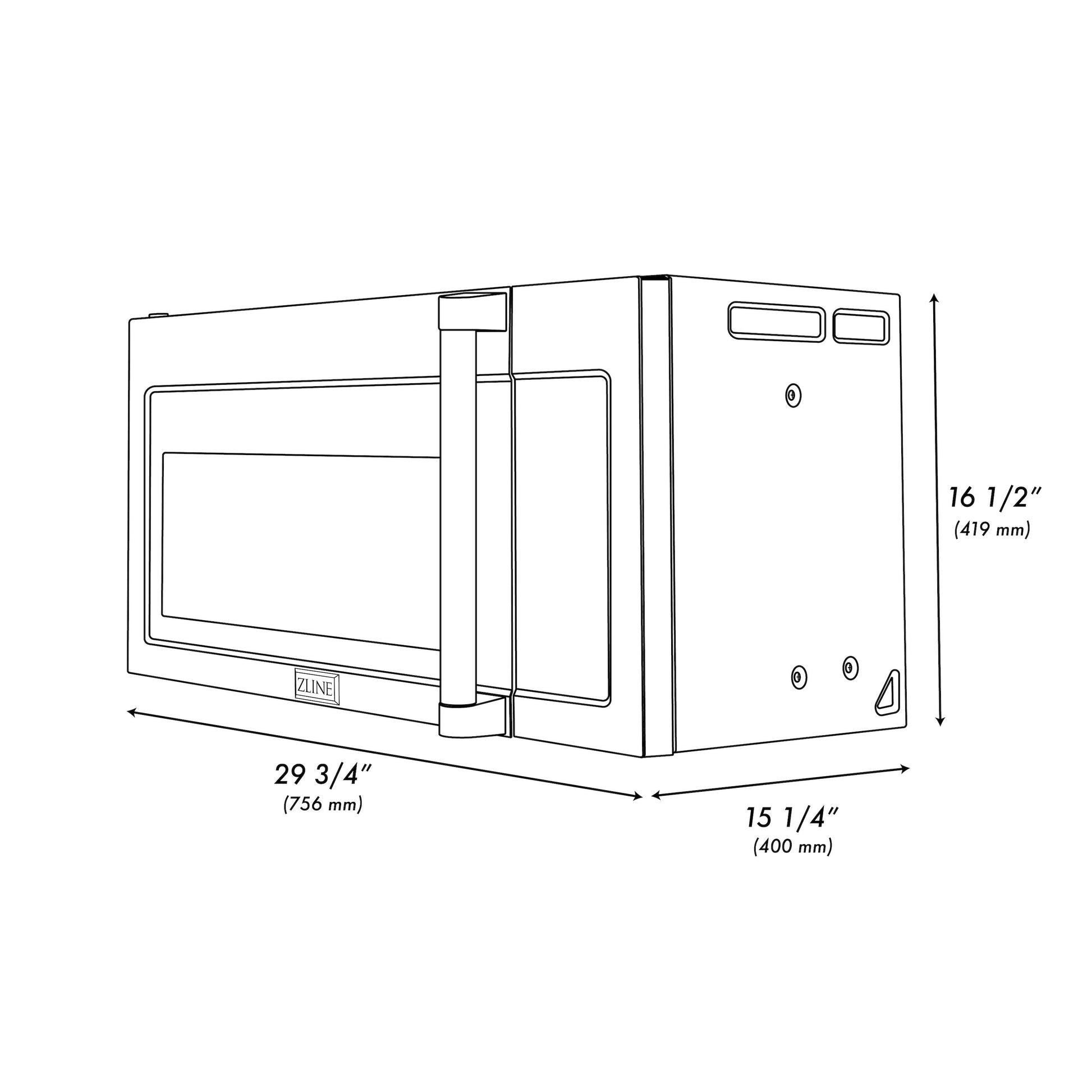 ZLINE 30 in. Over the Range Convection Microwave Oven with Traditional Handle in Fingerprint Resistant Stainless Steel (MWO-OTR-H-SS) dimensional diagram with measurements.
