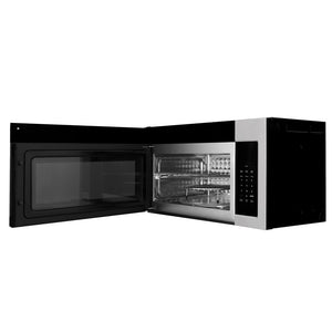 ZLINE 30 in. 1.5 cu. ft. Over-The-Range Convection Microwave Oven in Satin Stainless Steel with Traditional Handle and Sensor Cooking (MWO-OTR-H-30-SS) side, open.