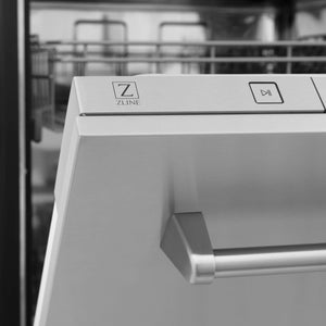 ZLINE 24 in. Top Control Dishwasher with Stainless Steel Panel and Traditional Style Handle, 52dBa (DW-304-H-24) close-up, top controls and logo.