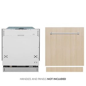 ZLINE 24 in. Panel Ready Top Control Dishwasher with Stainless Steel Tub, 52dBa (DW7713-24) front, next to custom wood panel and handle. Text: Handles and panels not included.