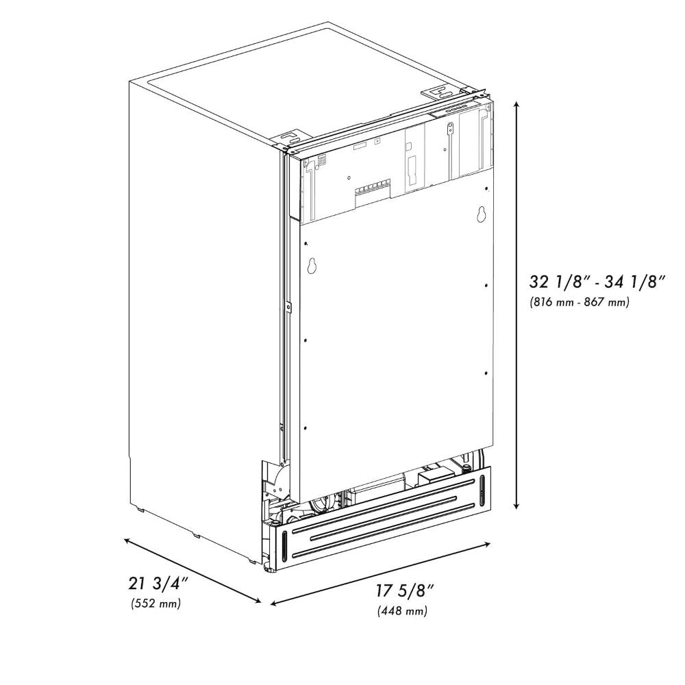 ZLINE 18 in. Tallac Series 3rd Rack Top Control Dishwasher in Custom Panel Ready with Stainless Steel Tub, 51dBa (DWV-18) dimensional diagram with measurements.