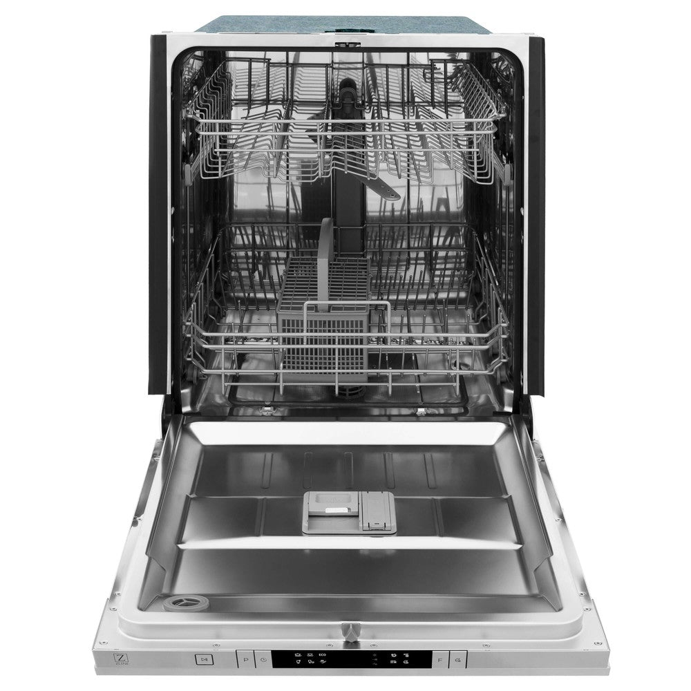 ZLINE 24 in. Top Control Dishwasher with Stainless Steel Panel and Traditional Style Handle, 52dBa (DW-304-H-24) front, open.