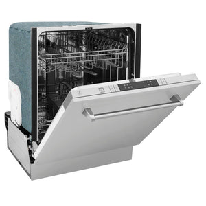 ZLINE 24 in. Top Control Dishwasher with Stainless Steel Panel and Traditional Style Handle, 52dBa (DW-304-H-24) side, half open.