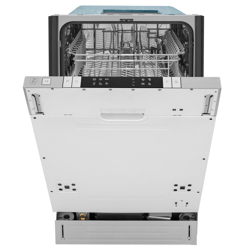 ZLINE 18 in. Compact Panel Ready Top Control Dishwasher (DW7714-18) front, without panel and door half open.