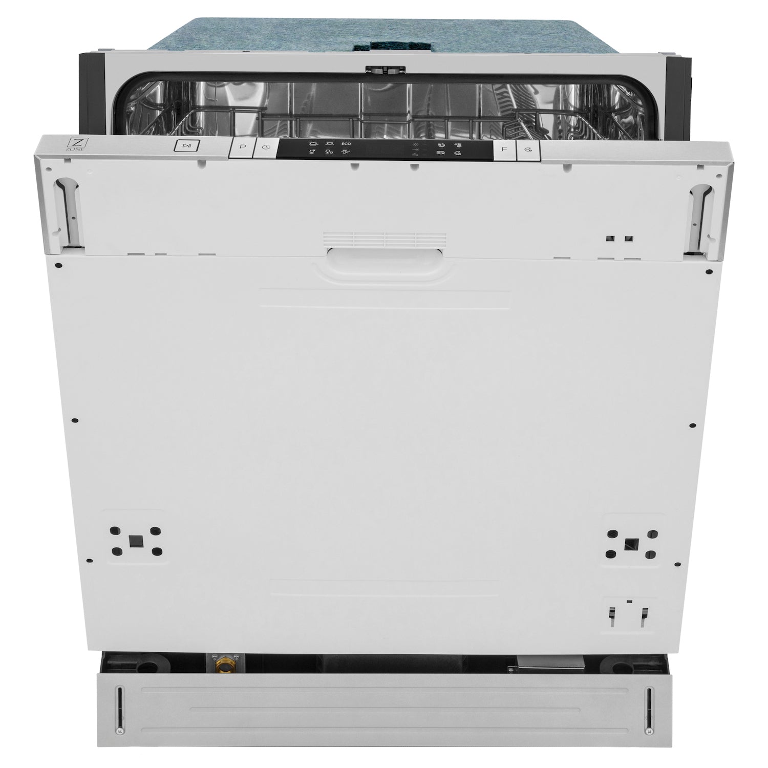 ZLINE 24 in. Panel Ready Top Control Dishwasher with Stainless Steel Tub, 52dBa (DW7713-24) front, half open.