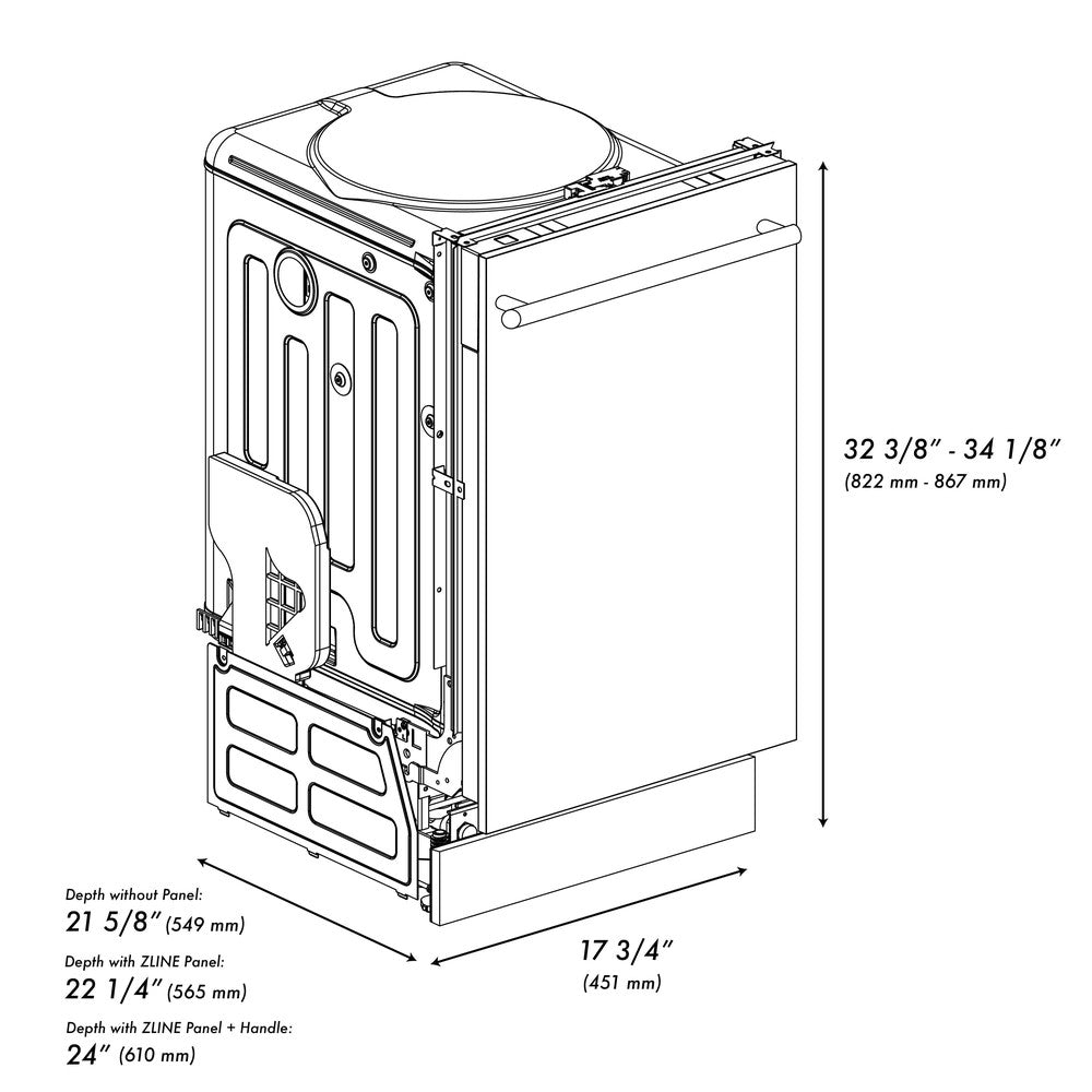 ZLINE 24 in. Top Control Dishwasher with Black Matte Panel and Modern Style Handle, 52dBa (DW-BLM-H-24) dimensional diagram with measurements.