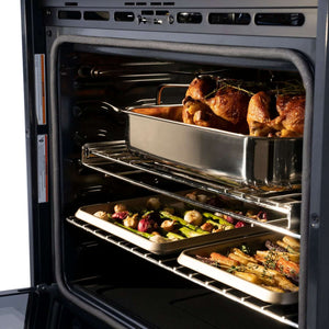 Close-up food cooking on top and bottom racks inside ZLINE Autograph Edition 30 in. Electric Single Wall Oven with Self Clean and True Convection in Stainless Steel and Champagne Bronze Accents (AWSZ-30-CB)