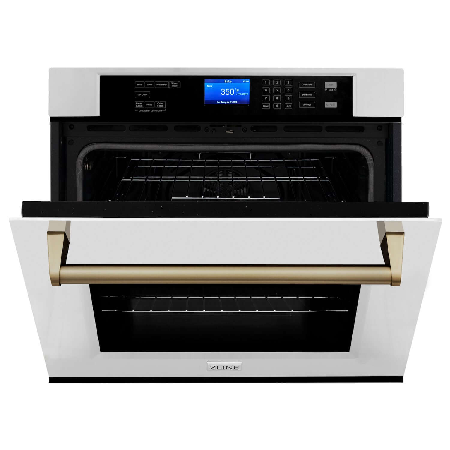 ZLINE Autograph Edition 30 in. Electric Single Wall Oven with Self Clean and True Convection in Stainless Steel and Champagne Bronze Accents (AWSZ-30-CB) front, half open.
