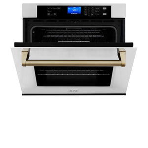ZLINE Autograph Edition 30 in. Electric Single Wall Oven with Self Clean and True Convection in Stainless Steel and Champagne Bronze Accents (AWSZ-30-CB) front, half open.